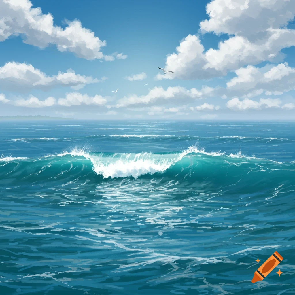 A vibrant blue ocean with a breaking wave under a bright blue sky with fluffy white clouds and flying seagulls.