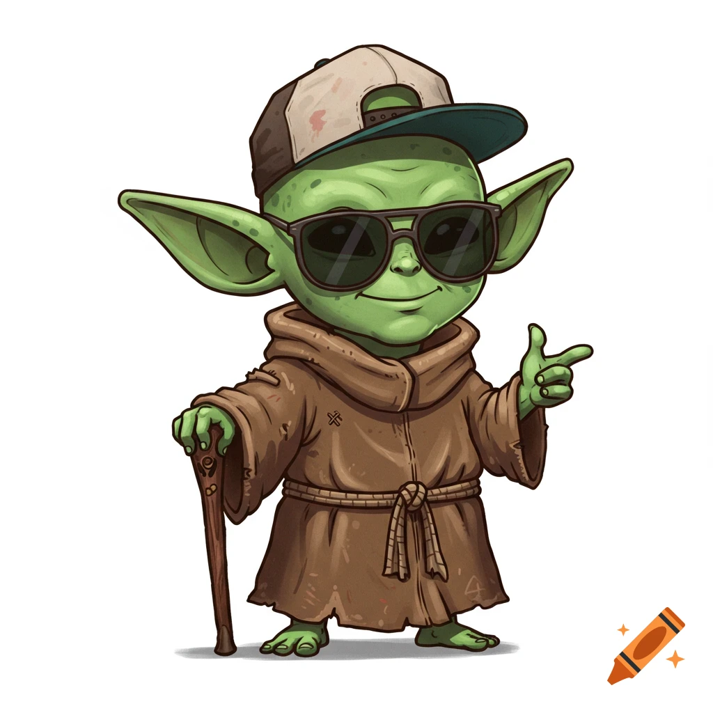 A cool, cartoon-style Baby Yoda with large pointy ears, wearing a brown robe, backwards baseball cap, and dark sunglasses. He holds a cane and points to the right, on a white background.