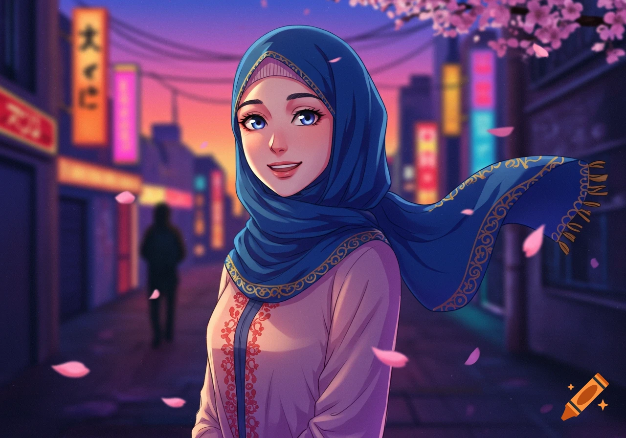 An anime-style portrait of a smiling Muslim woman in a blue hijab, with cherry blossoms and a neon-lit city street in the background at sunset.