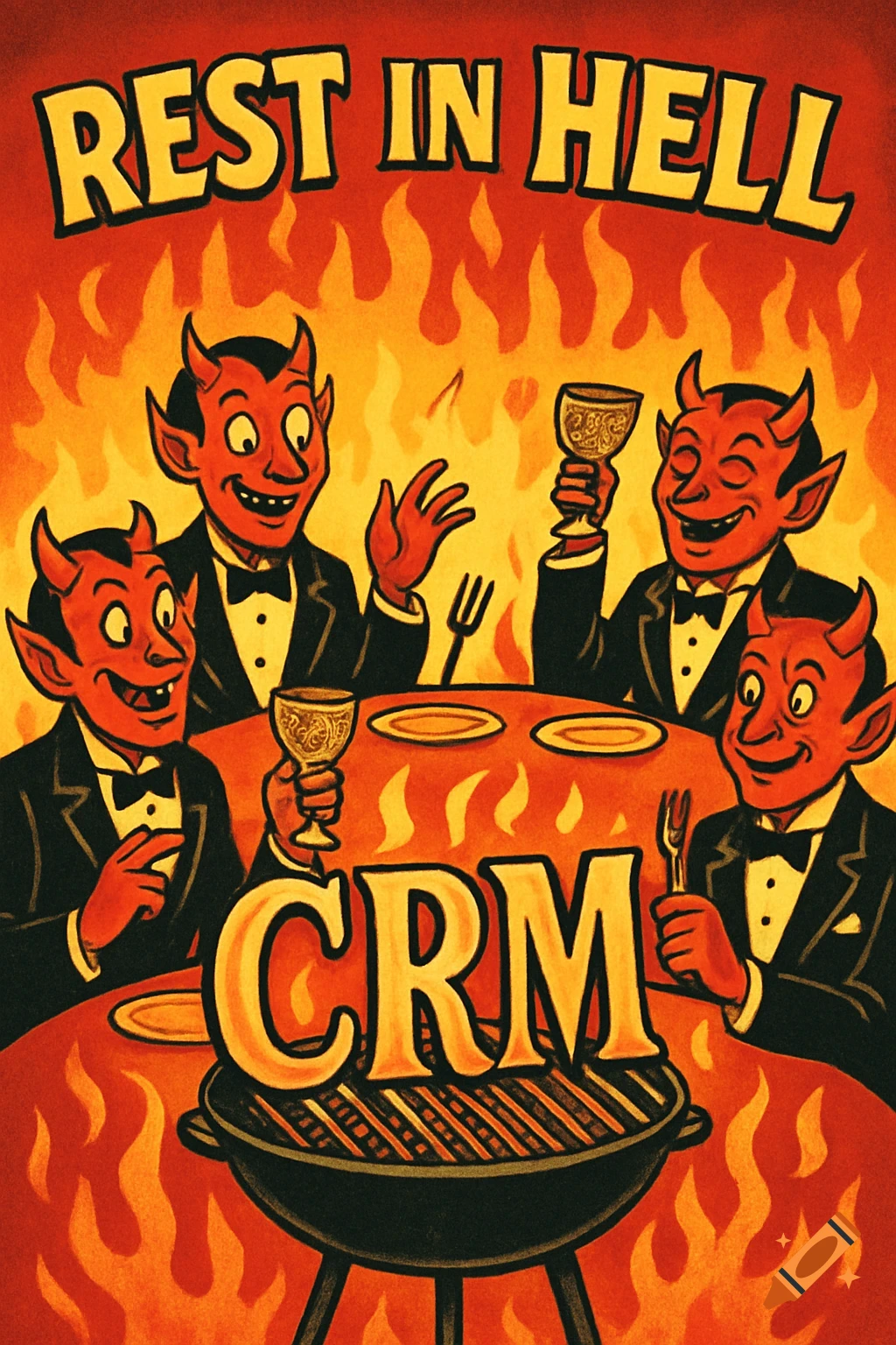 Vintage style cartoon flyer with devils in tuxedos toasting around a table and a 'CRM' BBQ grill. Text: 'REST IN HELL'.