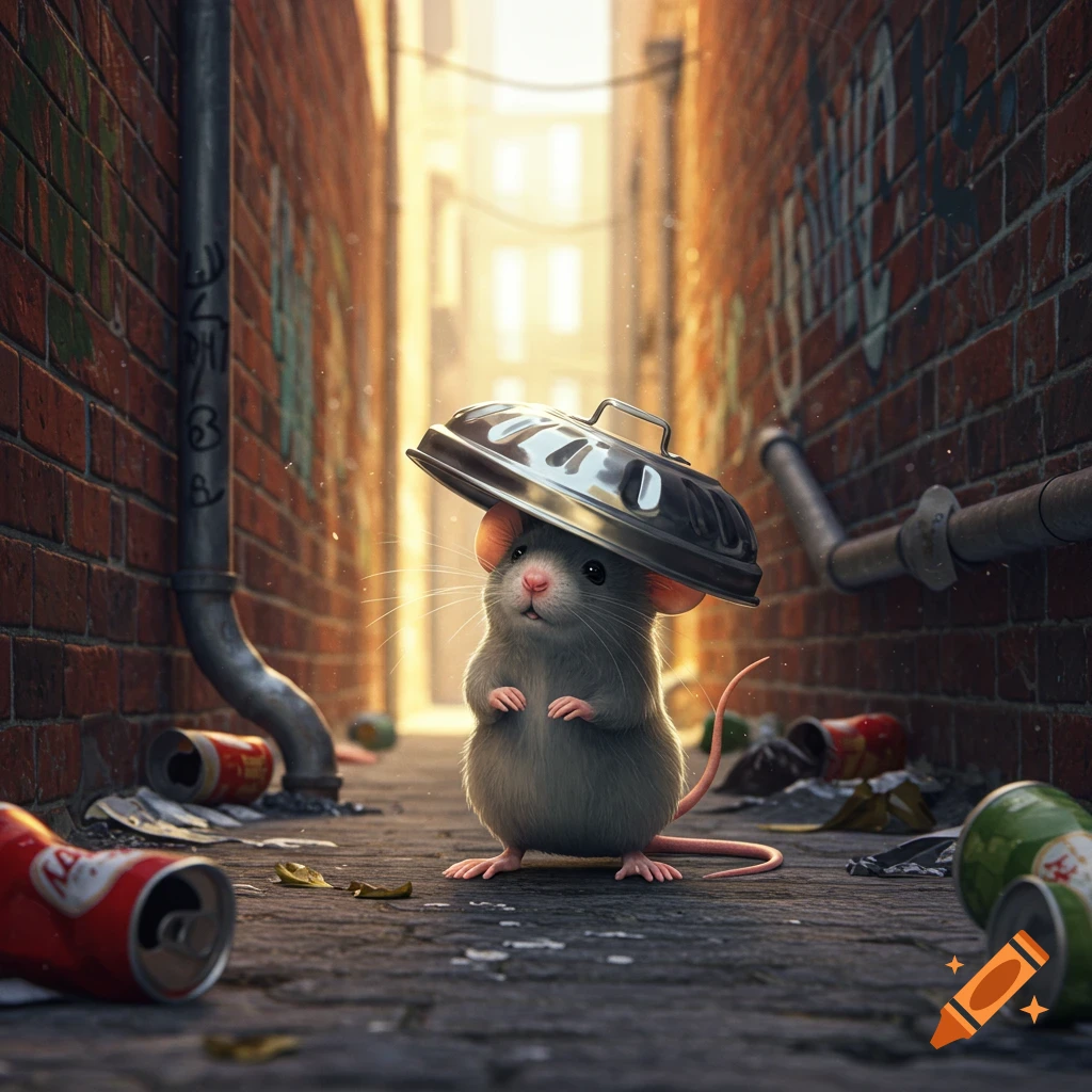 A cute mouse wearing a trash can lid as a hat, standing in a dirty brick alleyway with discarded cans, photorealistic style.