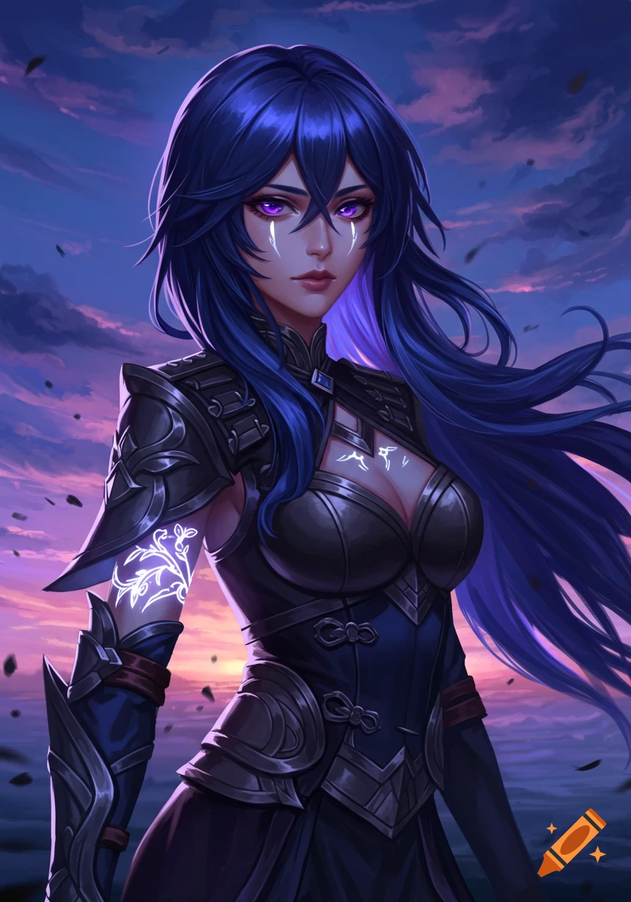 A fantasy woman with long navy hair, purple eyes, and glowing white marks, wearing military armor against a dramatic sunset sky.