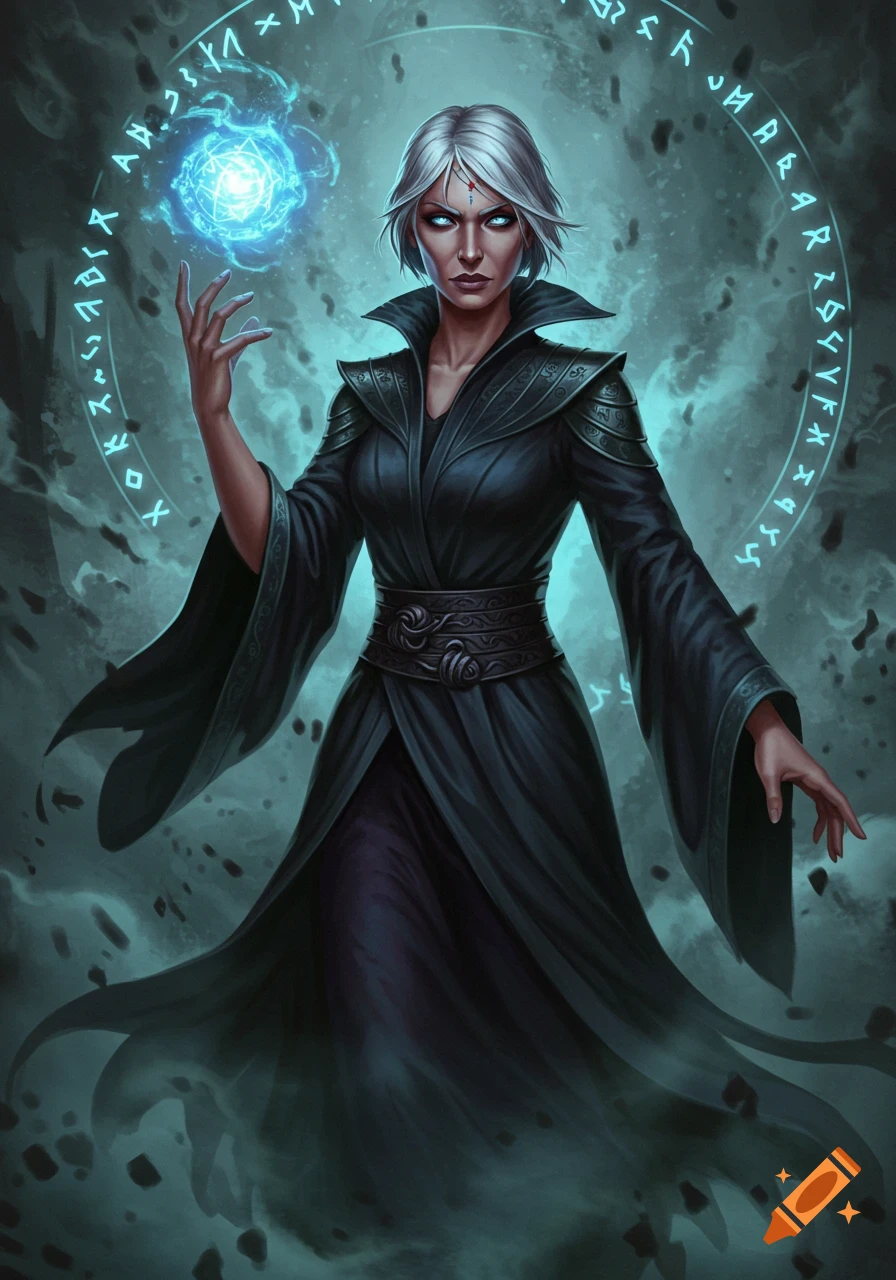 An intense white-haired sorceress in a black robe holds a glowing blue orb, surrounded by mystical runes in a dark fantasy setting.