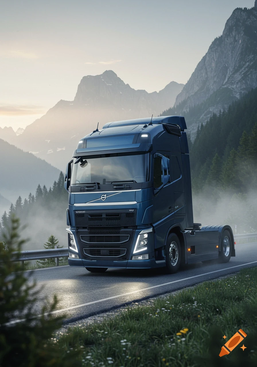 A blue Volvo truck drives on a winding mountain road with distant peaks and mist at dawn, photorealistic style.