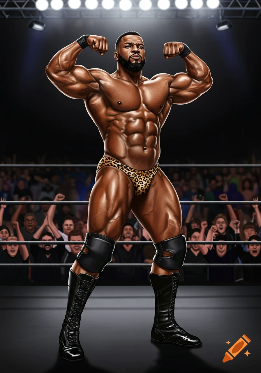 A muscular Black male bodybuilder pro wrestler in a leopard print brief and black boots poses in a wrestling ring before a cheering crowd.