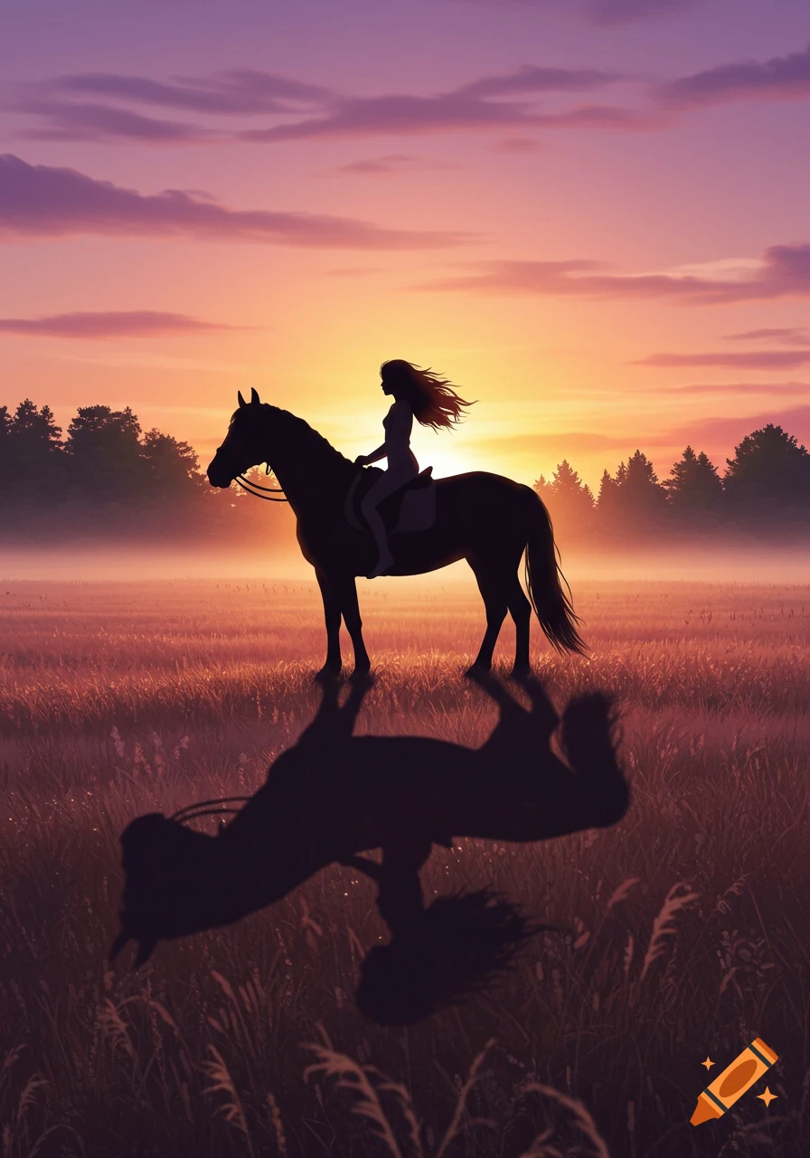 A silhouetted girl on a horse stands in a foggy field at sunset, with a vibrant orange and purple sky.