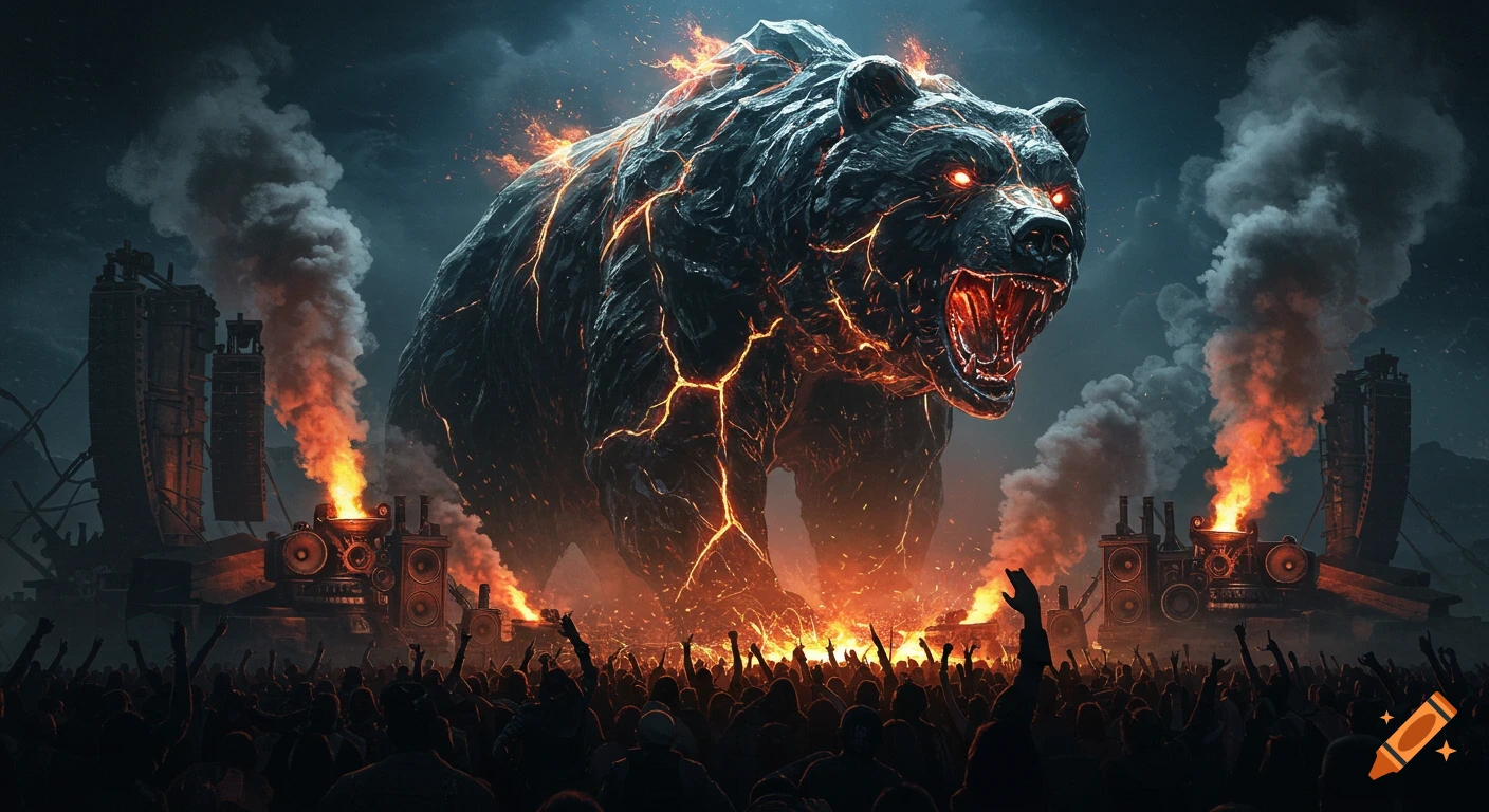 A colossal, fiery obsidian bear stands over a dark steampunk rock concert with a surging crowd, gears, and smoke.