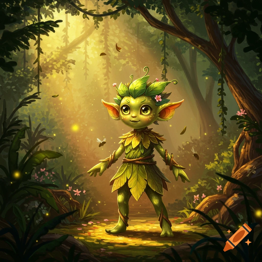 A cute, green, leaf-clad creature with big eyes stands in a sunlit, magical forest with glowing dust and small flying insects.