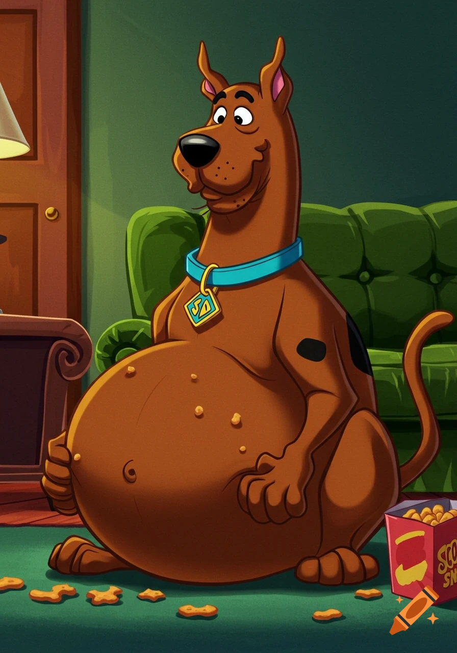 Scooby Doo sitting on a carpet with a giant bloated belly, surrounded by Scooby Snacks, in a living room.