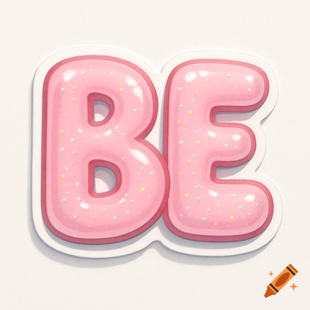 A pink bubble letter sticker spelling 'BE' with colorful sprinkles.