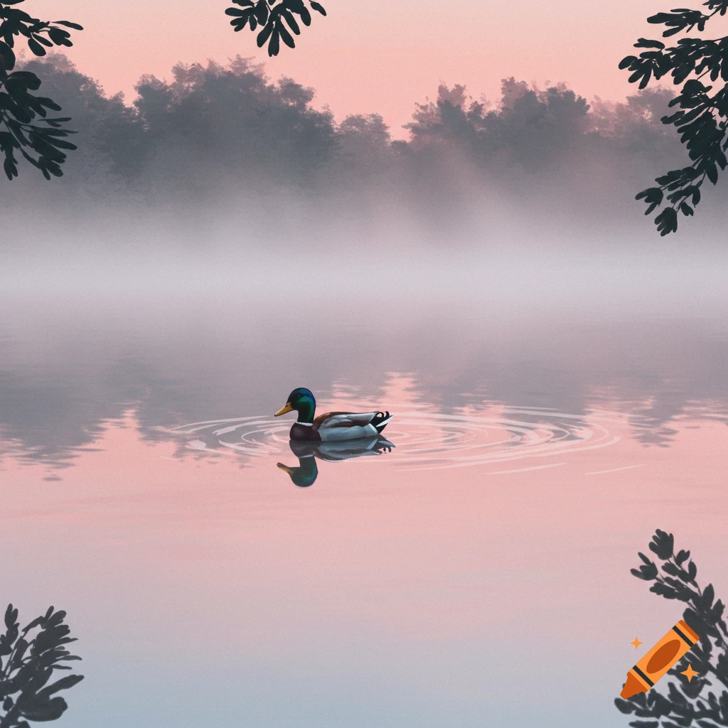 A mallard duck floats on a still, misty lake reflecting a pink sky, framed by silhouetted leaves.