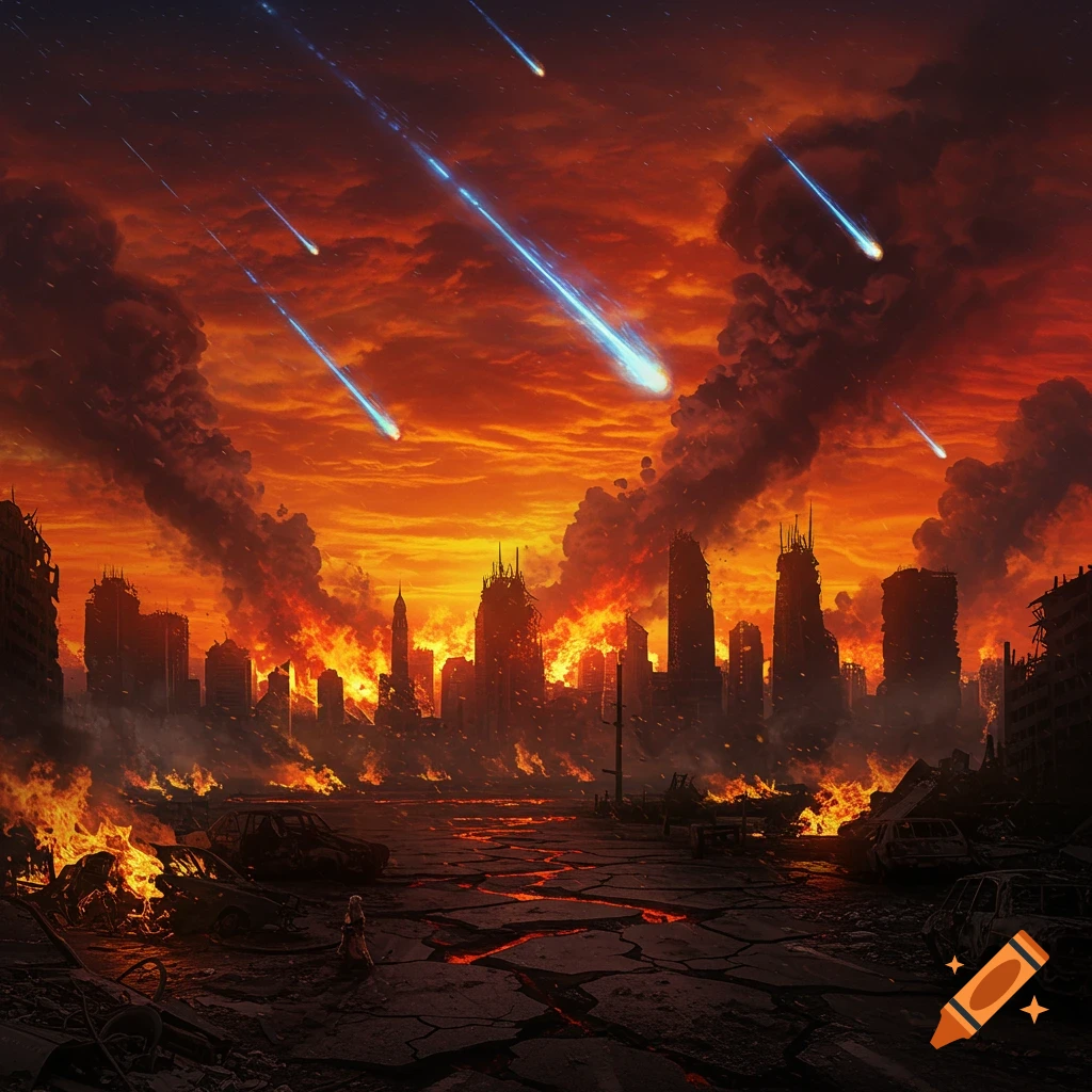 A destroyed city engulfed in flames under a dark, meteor-streaked sky.