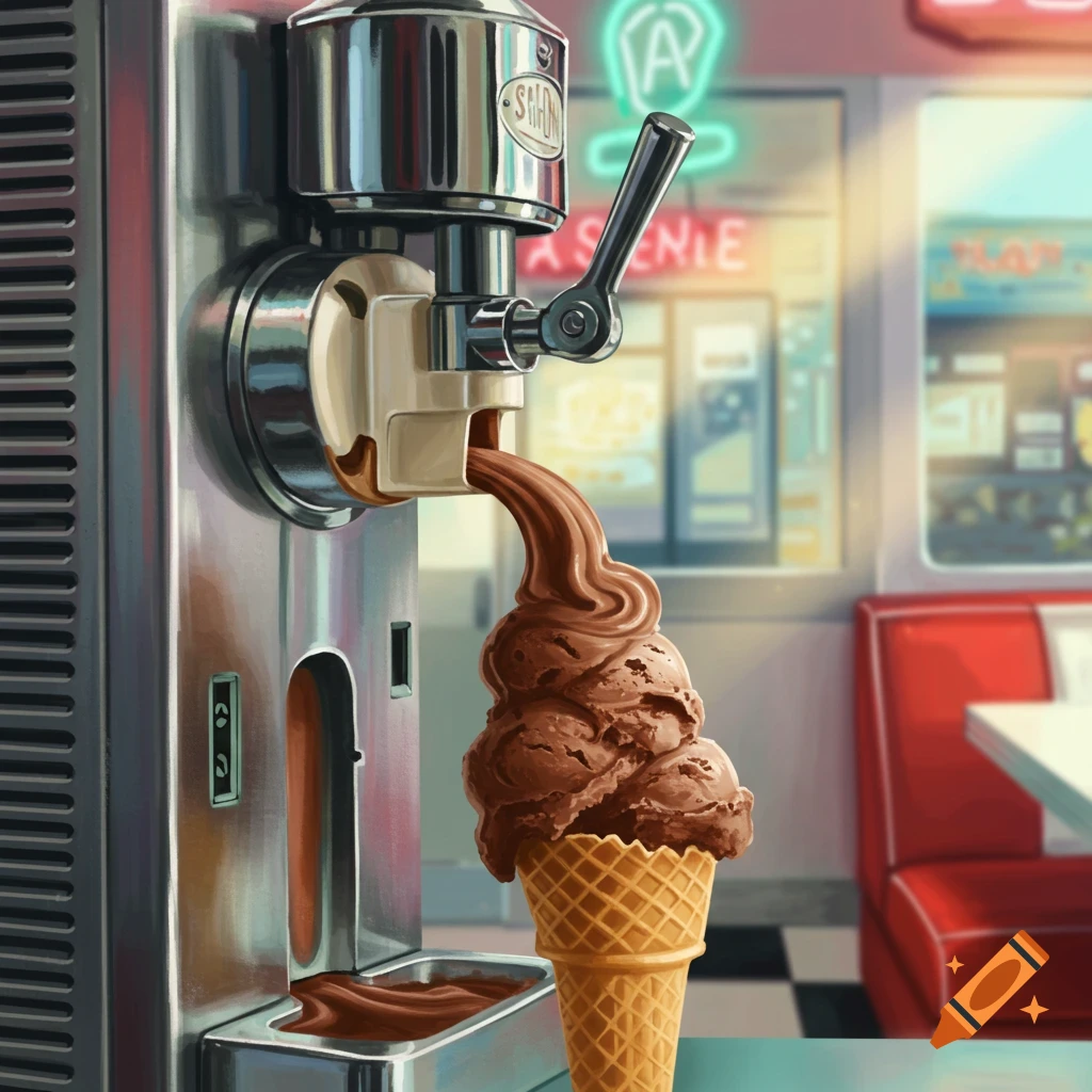 A soft serve ice cream machine dispenses chocolate ice cream into a waffle cone in a retro diner setting.