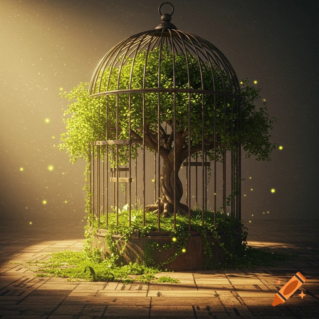 A lush green tree grows inside a large, ornate birdcage on a wooden floor, bathed in a warm, glowing light with floating particles.