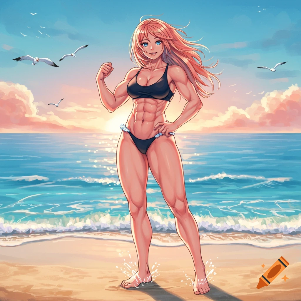 Anime-style muscular woman in a black bikini flexing on a beach at sunset with seagulls.