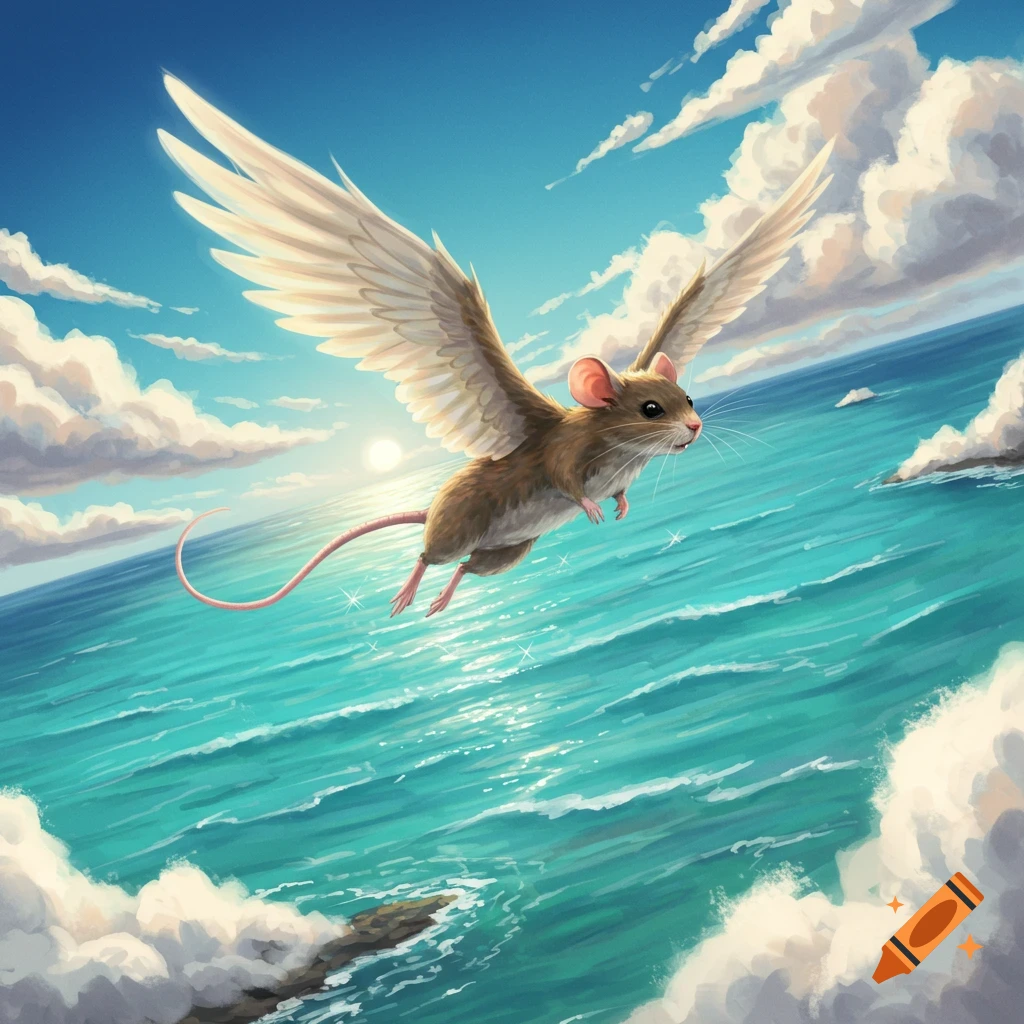 A brown winged mouse soars over a sparkling blue ocean under a bright, cloudy sky in a whimsical illustration.