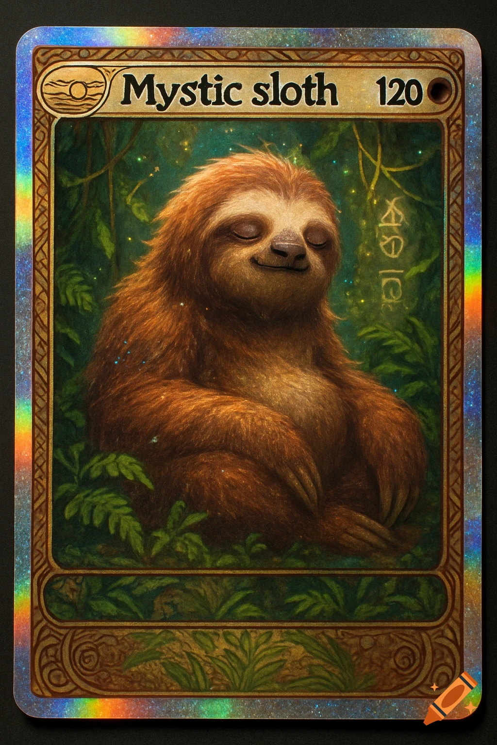 A mystical brown sloth with closed eyes meditating on a holographic trading card, surrounded by glowing jungle foliage. Text reads "Mystic sloth 120".