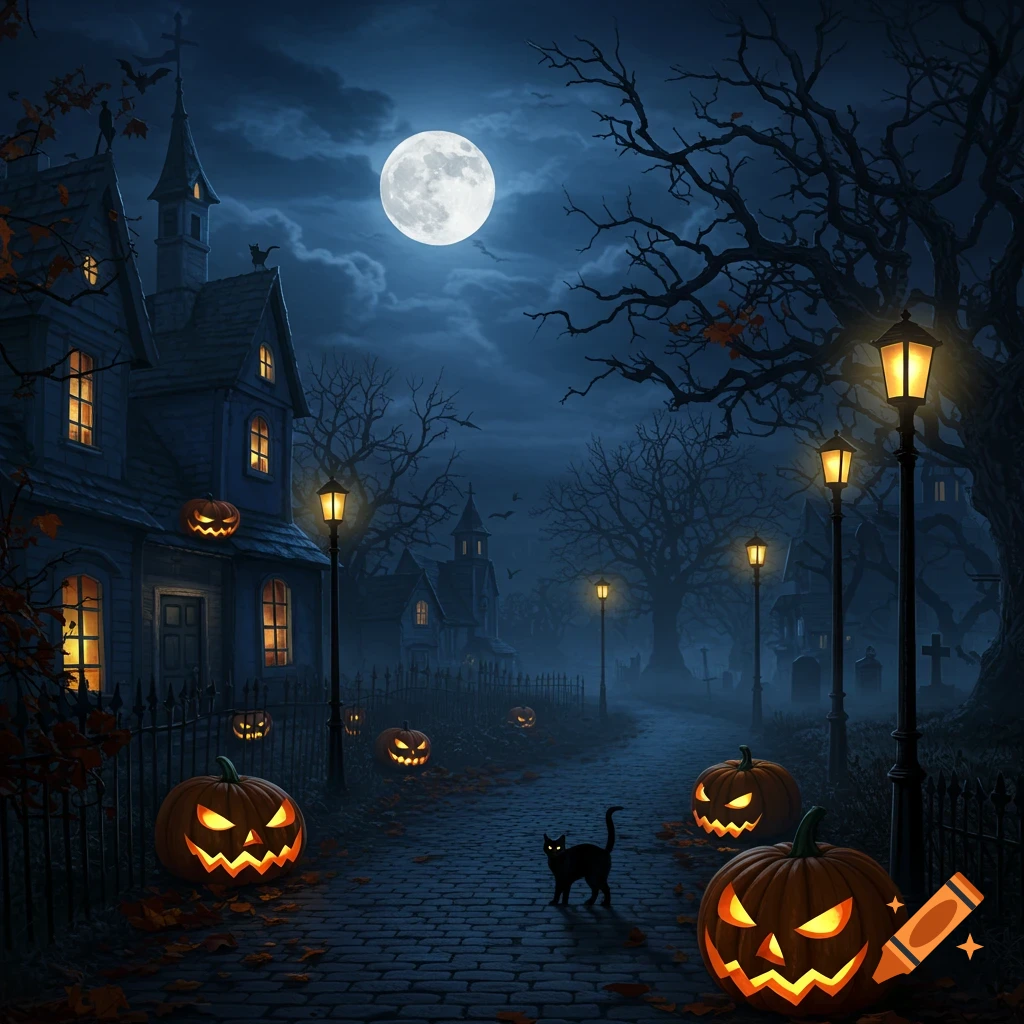 A stylized Halloween night scene with a haunted house, glowing jack-o'-lanterns, a black cat, and a graveyard under a full moon.