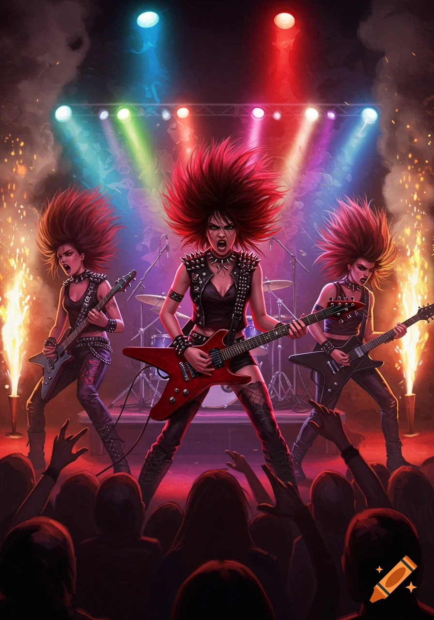 Three female rock musicians with spiked red hair, leather outfits, and guitars perform on a stage with colorful spotlights and pyrotechnics.