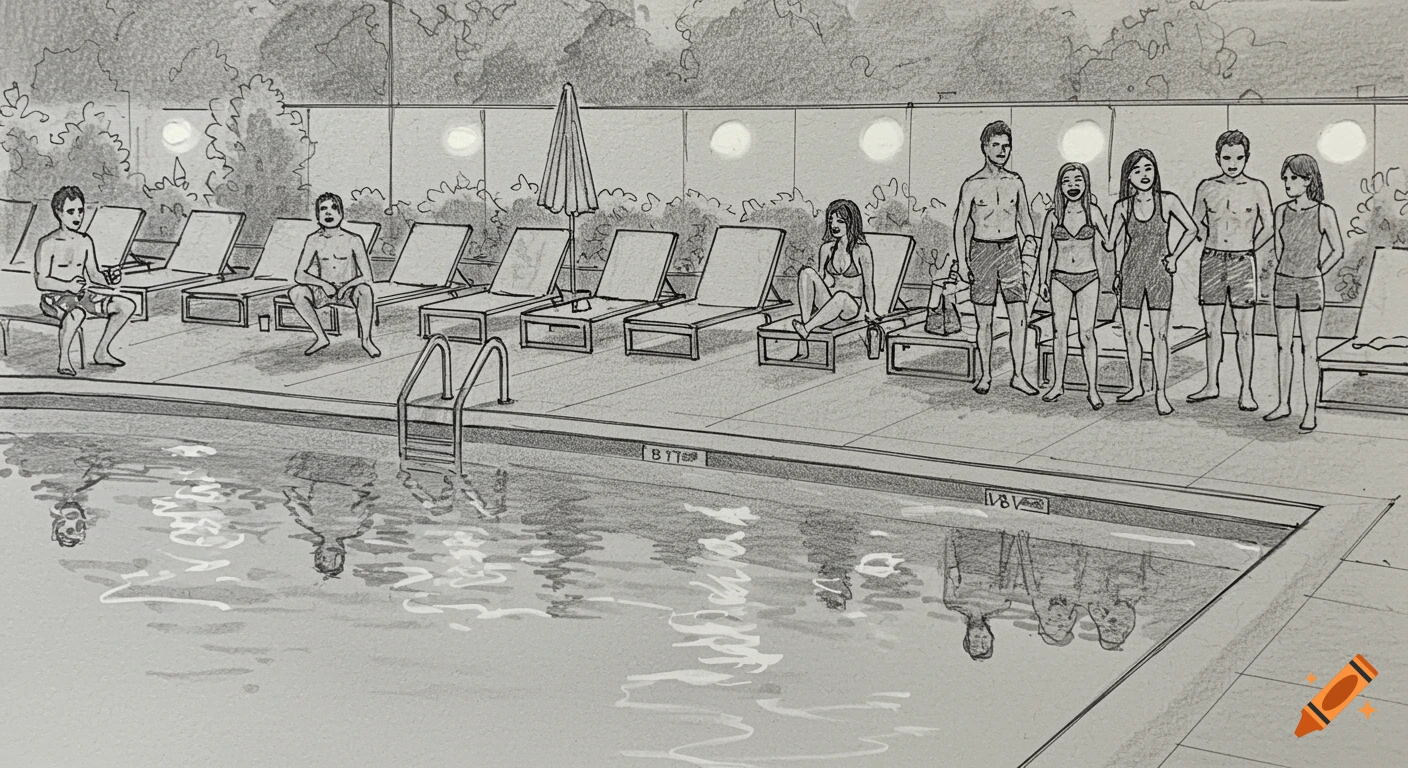 A black and white sketch drawing of people at a swimming pool. Several individuals are sitting on lounge chairs, while five stand near the water's edge.
