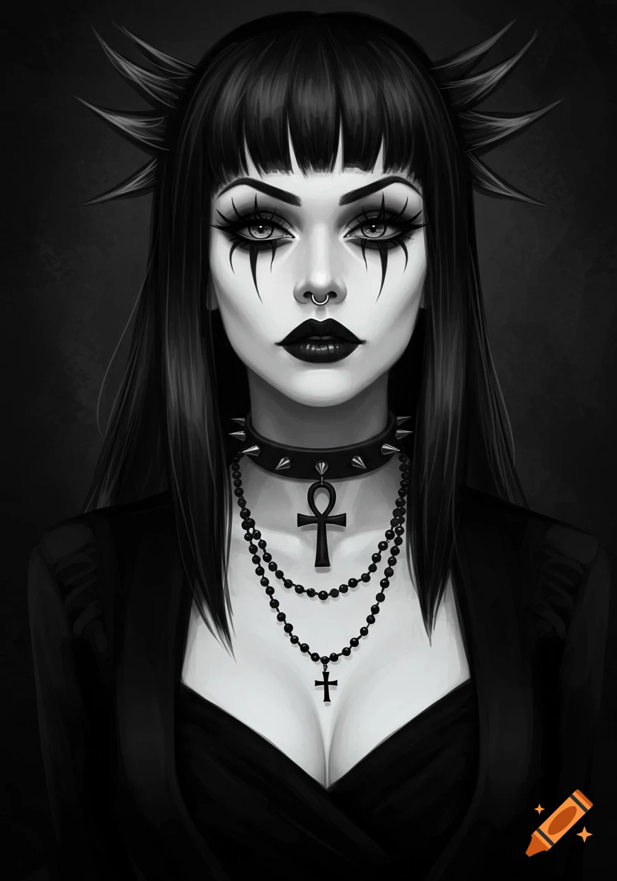 Stylized grayscale portrait of a gothic woman with dramatic makeup, a spiked choker, and layered necklaces including an ankh and a cross.