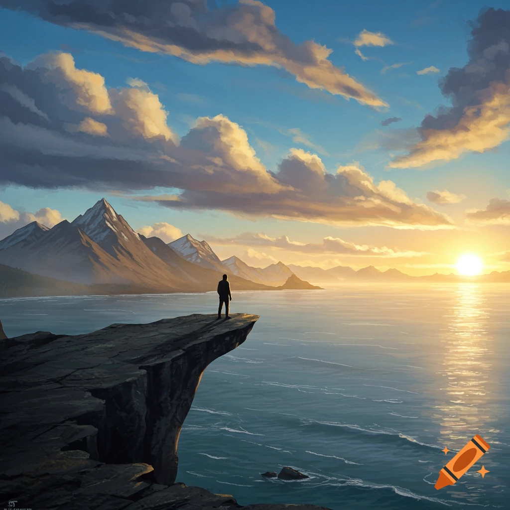 A lone figure stands on a cliff overlooking a vast ocean and mountains at sunrise, in a dramatic digital painting.