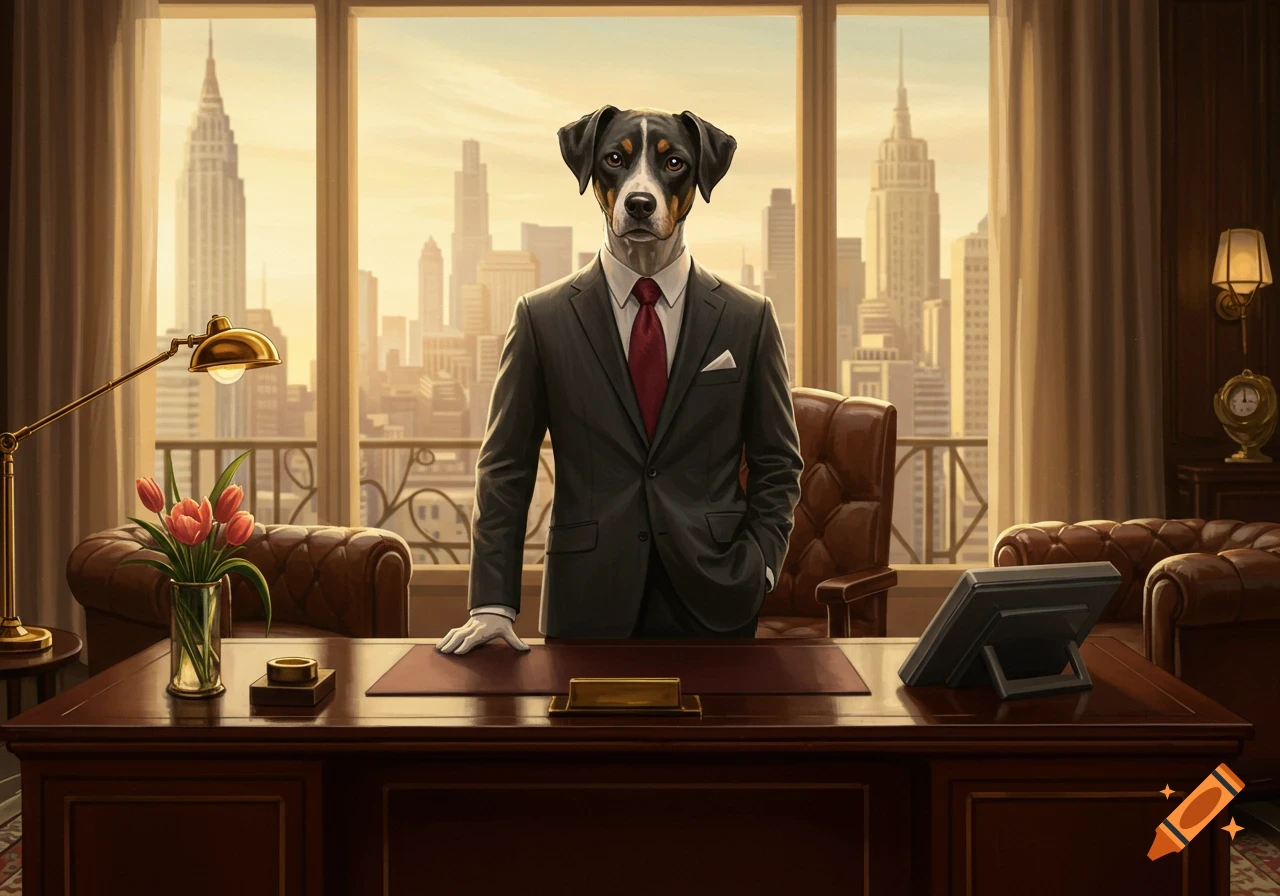 An anthropomorphic dog in a suit stands behind a desk in a high-rise office overlooking a city at sunset.