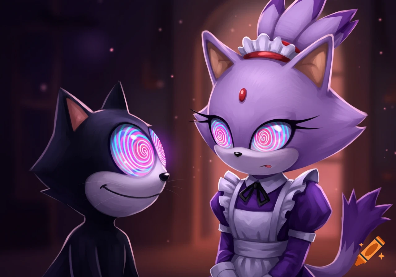 Felix the Cat looks at Blaze the Cat, dressed as a maid, both with vibrant spiral hypnotic eyes.