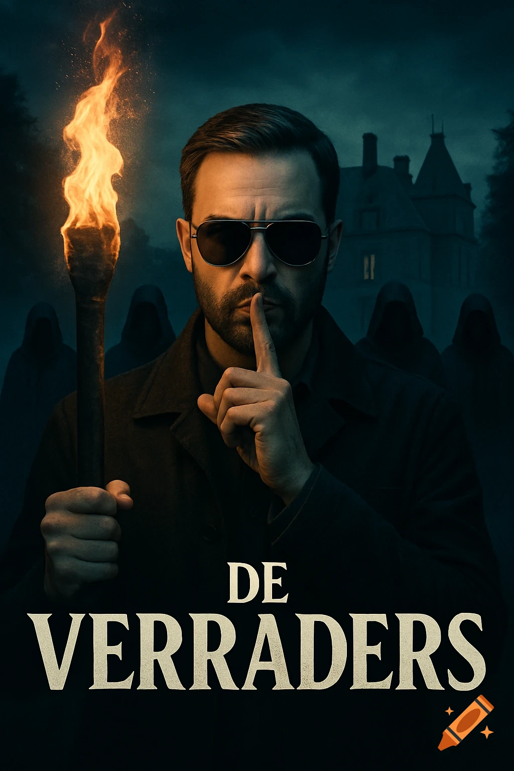 A man in sunglasses makes a 'shush' gesture, holding a torch, with hooded figures and a dark mansion behind him. Text: DE VERRADERS.