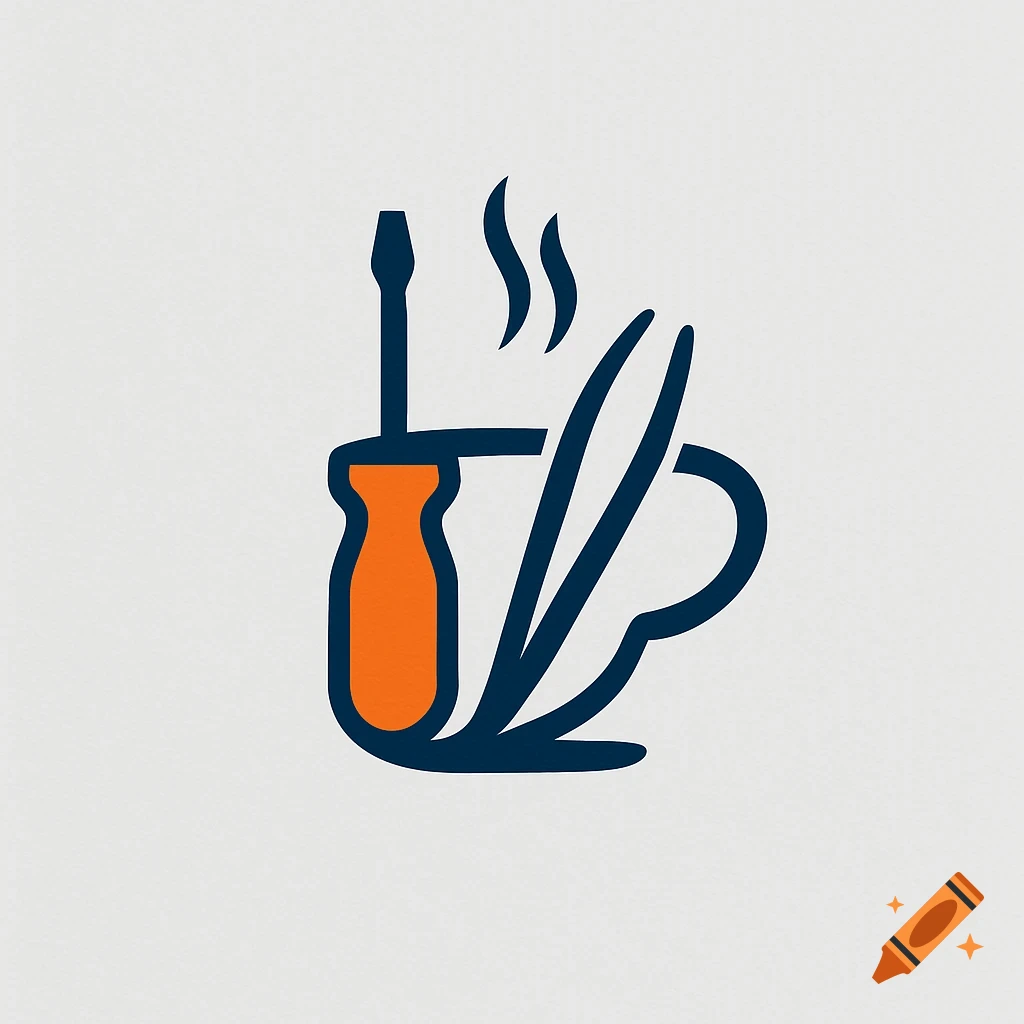 A minimalist logo featuring a blue screwdriver with an orange handle, a blue coffee cup with steam, and blue tweezers.
