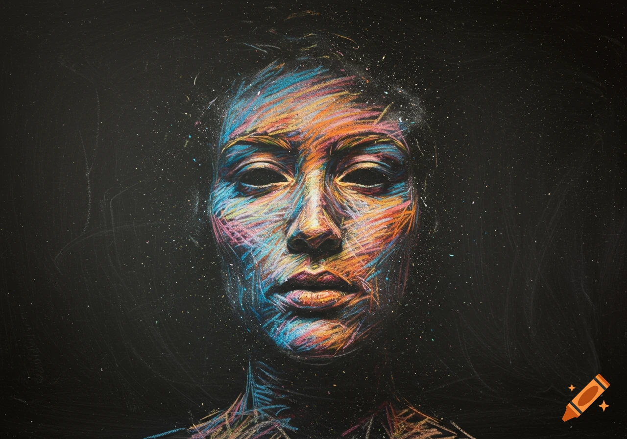 Abstract colorful crayon drawing of a face with dark eyes on a blackboard background.