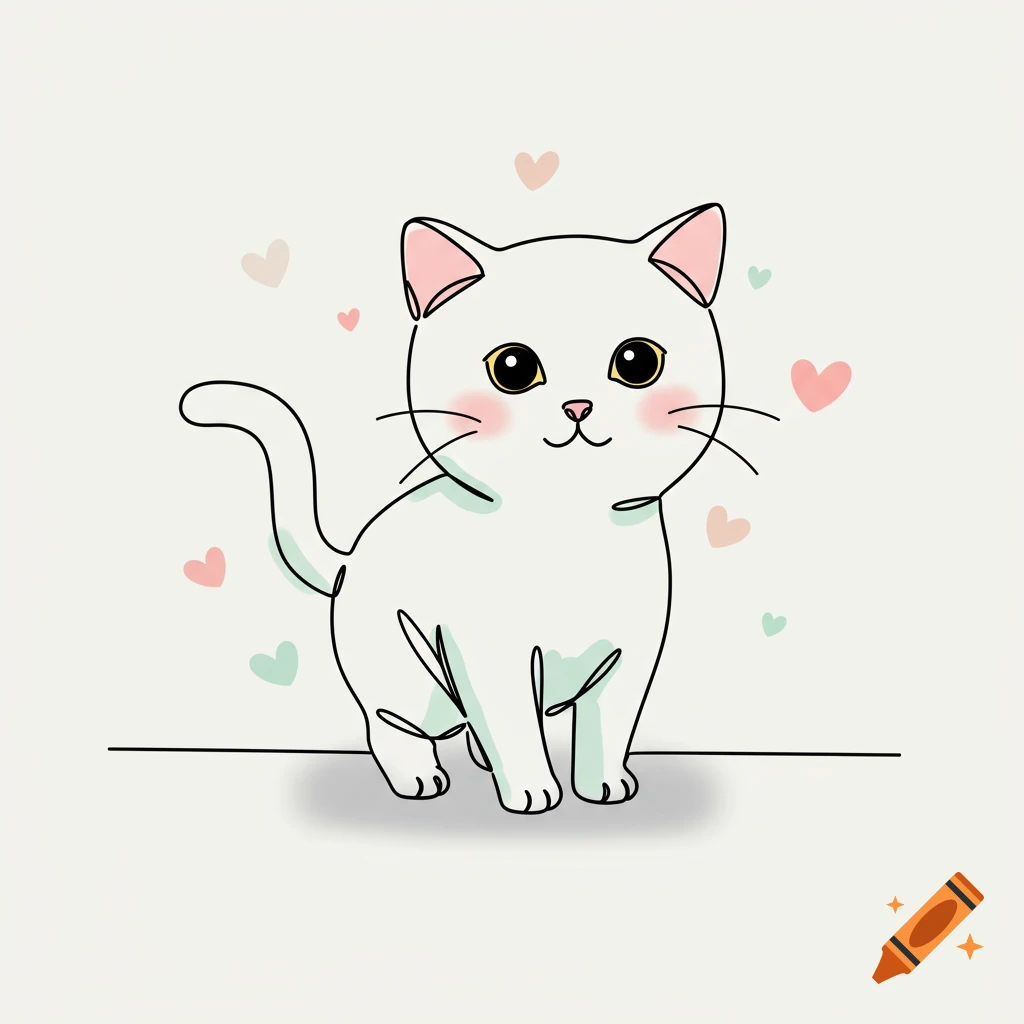 A cute white chibi cat illustrated in a simple black one-line art style, with pink blush and scattered pastel hearts.