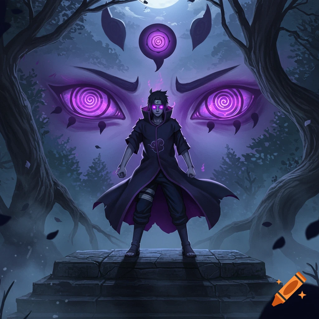 A mysterious figure with glowing purple eyes and a dark cloak stands on a stone altar in a mystical forest, with giant purple spiral eyes in the background under a full moon.