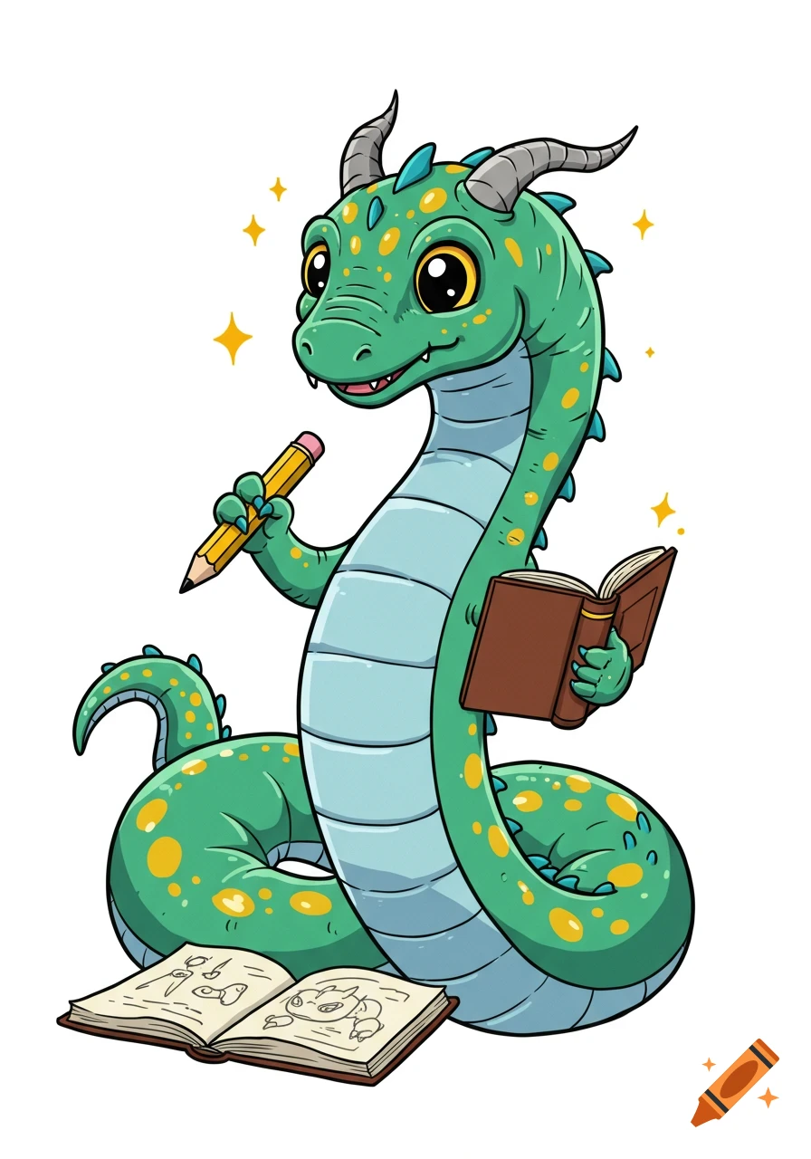 A friendly green cartoon dragon holds a pencil and a book, with another open book on the ground, against a white background.