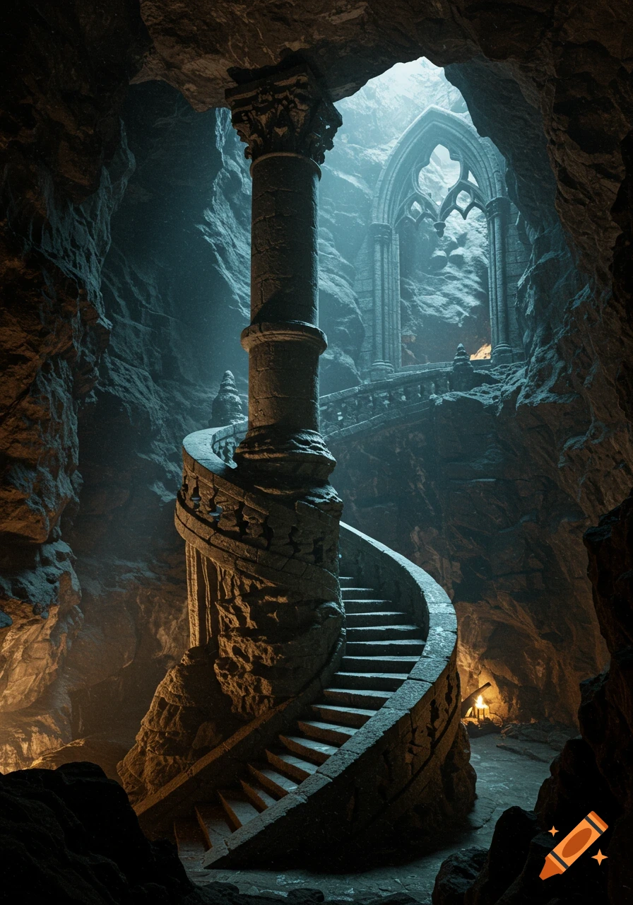 A winding stone spiral stairwell around a massive column in a dark, atmospheric cave, leading to a gothic archway lit from above.