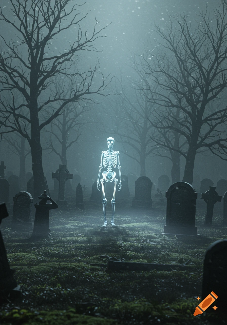 A glowing translucent skeleton stands in the center of a misty, eerie graveyard with bare trees and old gravestones.