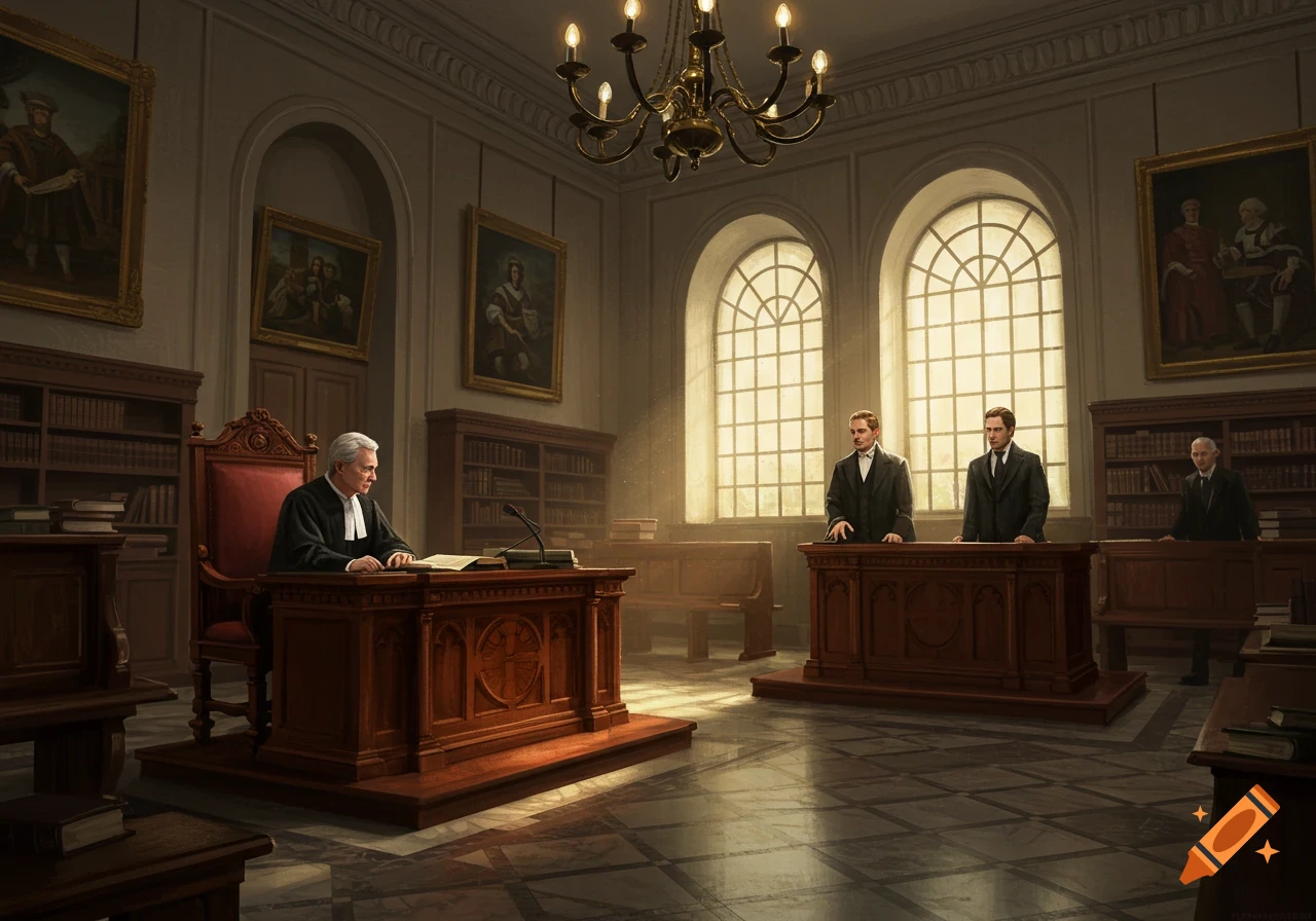 A judge sits at a grand wooden desk in a courtroom, with two lawyers standing before large sunlit arched windows in a realistic painting.