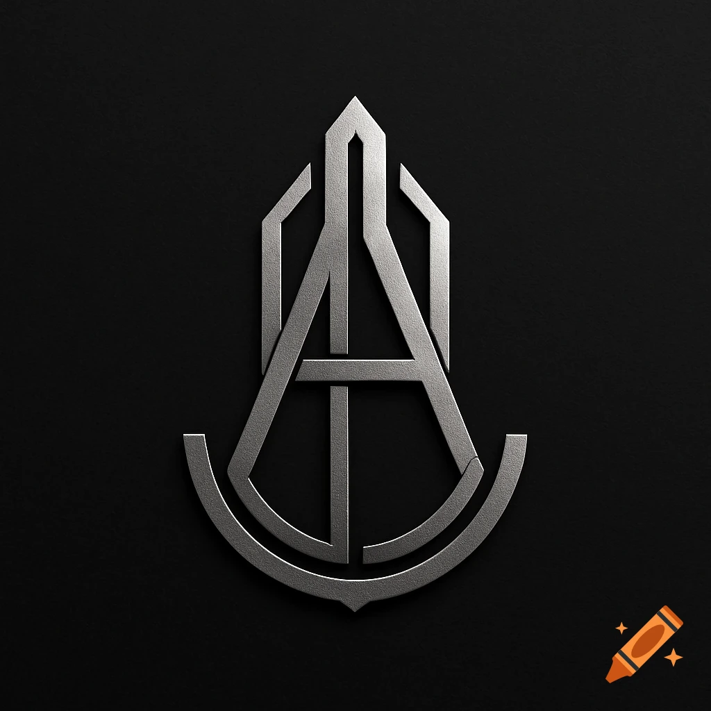 A sleek silver metallic stylized monogram or logo against a dark textured background.