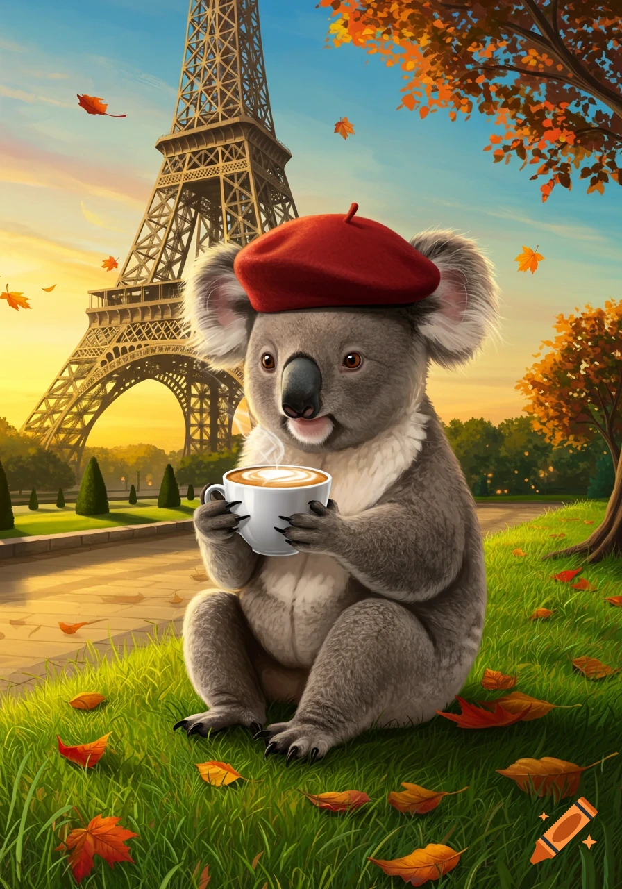 Cartoon koala in a red beret sips coffee on grass, with the Eiffel Tower and autumn leaves in the background.