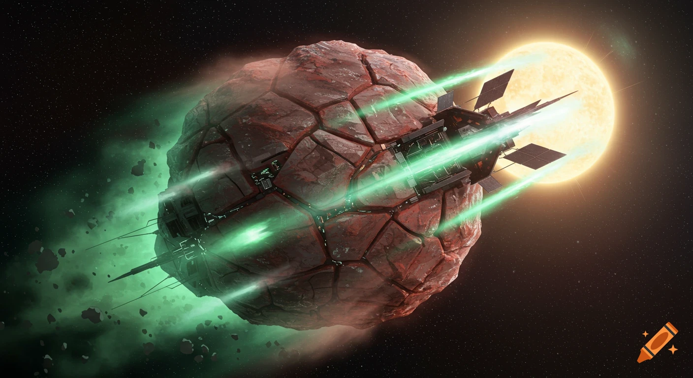 A sci-fi stealth probe camouflaged as a fractured red comet with green energy trails, flying past a bright yellow sun in deep space.