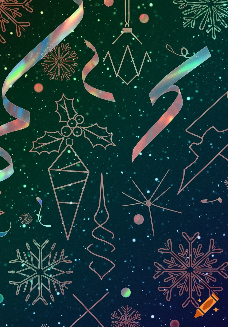 A festive Christmas pattern with outlined ornaments, holly, snowflakes, and holographic ribbons on a starry dark green background.