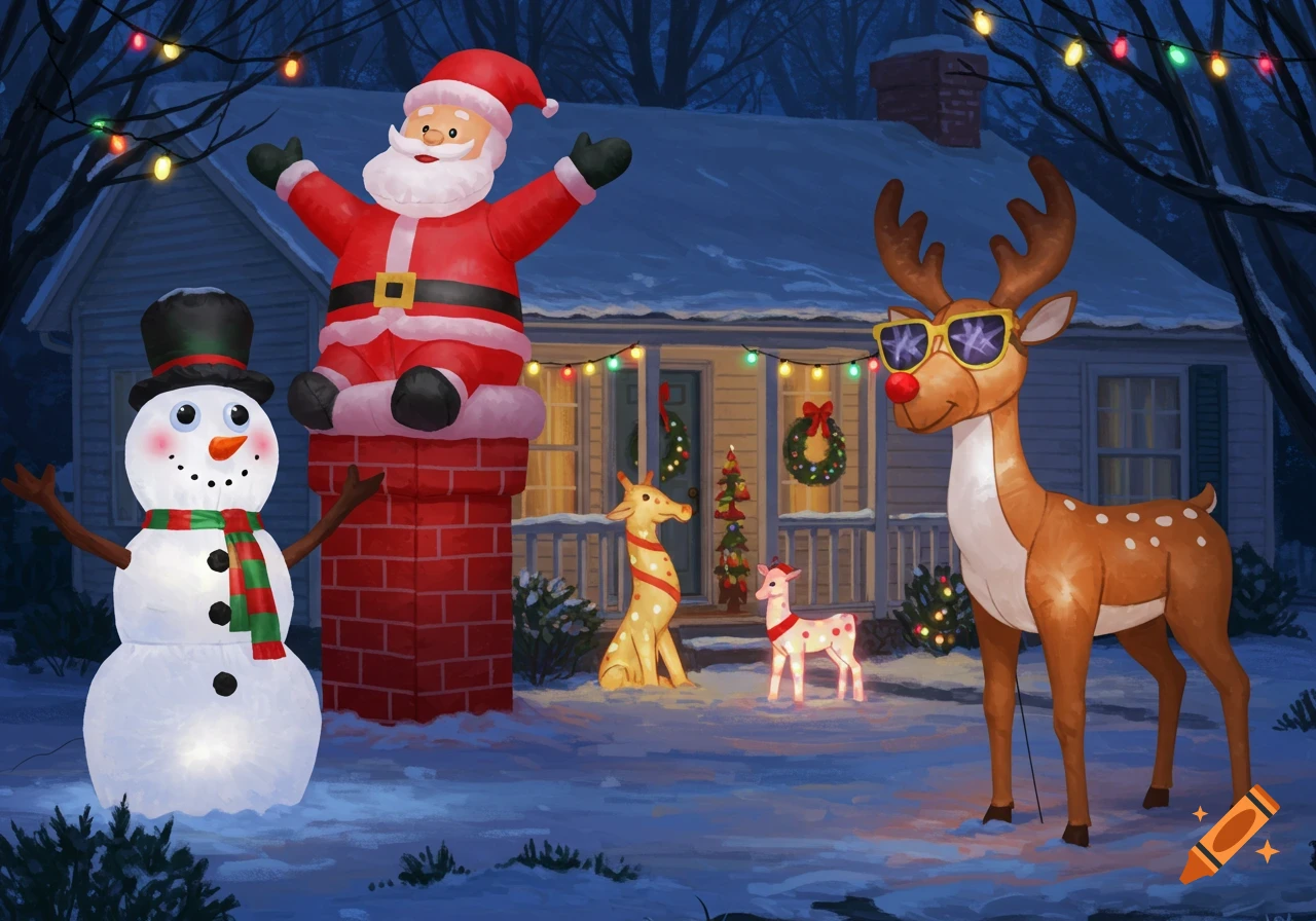 A cartoon illustration of a festive yard at night with an inflatable Santa stuck in a chimney, a glowing snowman, and a reindeer wearing sunglasses.