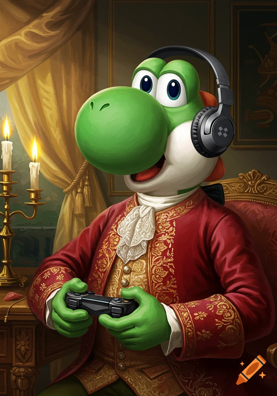 Yoshi, wearing a red rococo jacket and headphones, plays a video game with a controller in a classical oil painting style.