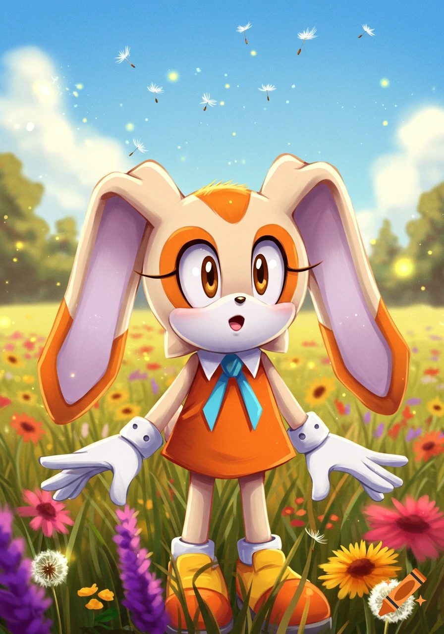 Cream the Rabbit stands in a vibrant field of colorful flowers under a blue sky with dandelion seeds floating. Anime style.