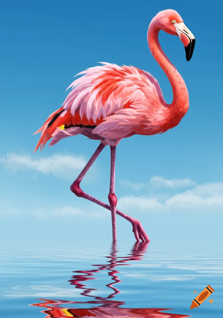 A vibrant pink flamingo stands on one leg in calm blue water, with its reflection visible below against a clear blue sky with faint clouds. Stylized art.