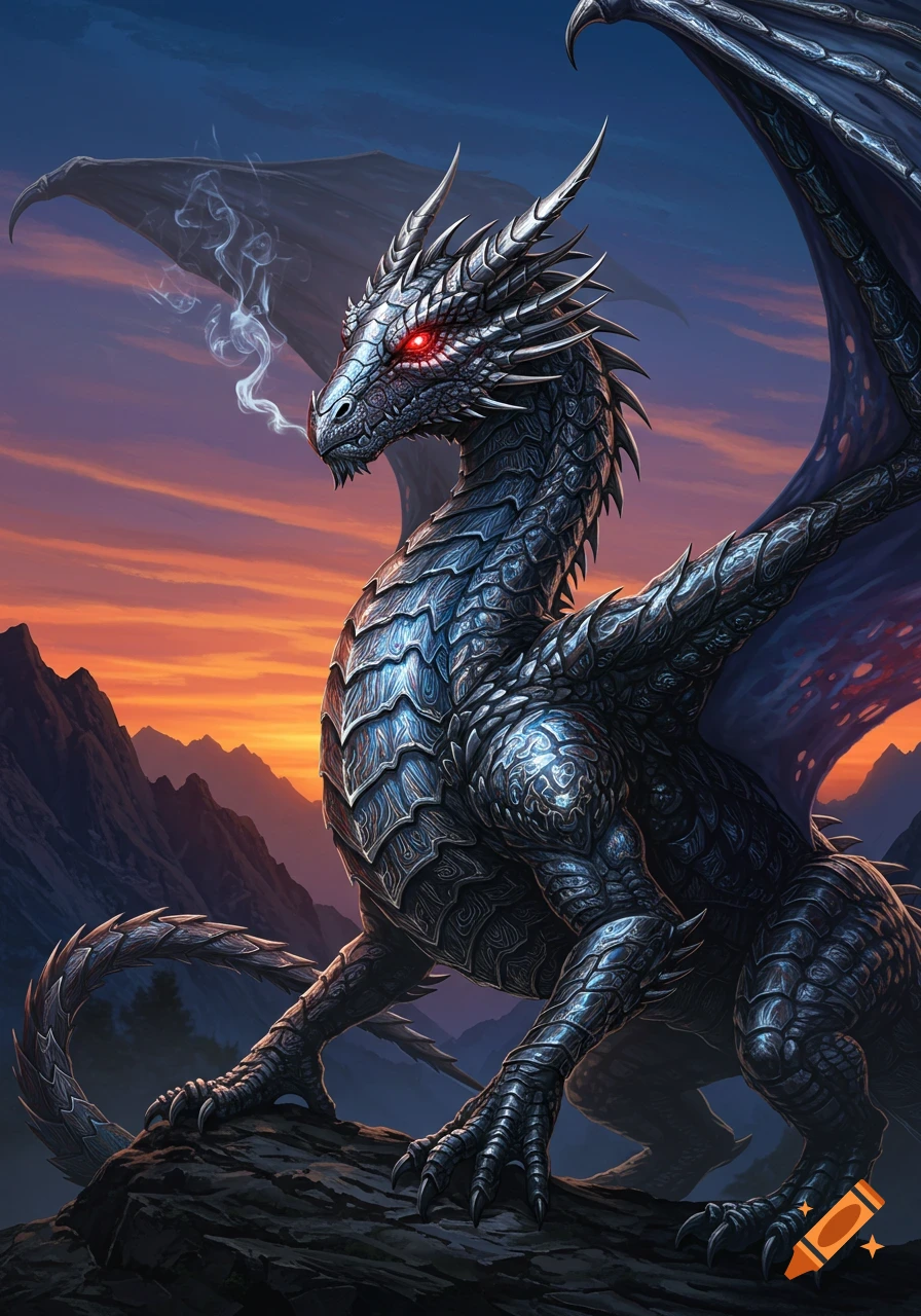 A majestic silver and black dragon with glowing red eyes, smoke exhaling, perched on a rock against a vibrant sunset over mountains. Its scales show intricate patterns.