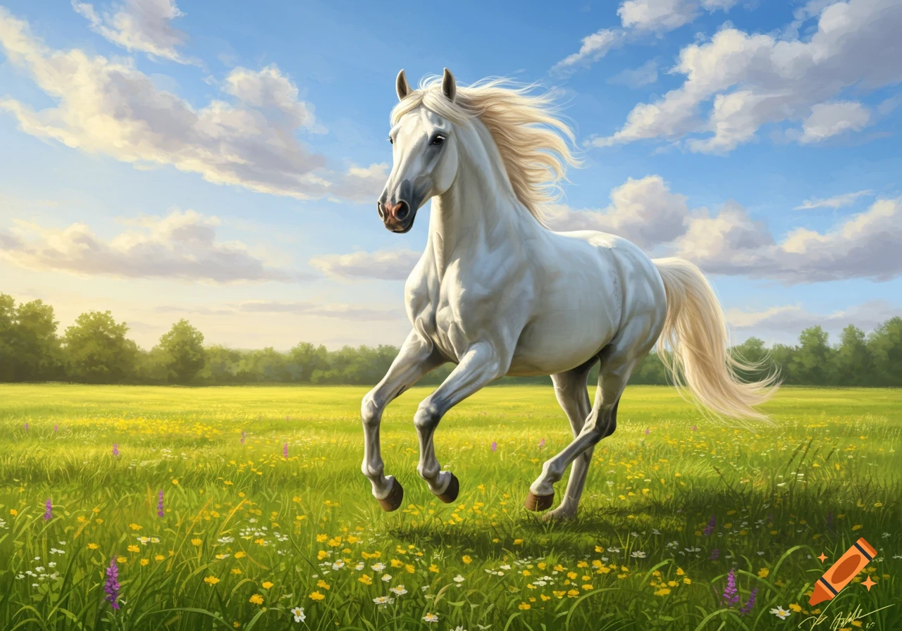 A majestic white horse with flowing mane gallops through a sunny meadow filled with yellow and purple wildflowers under a blue sky.