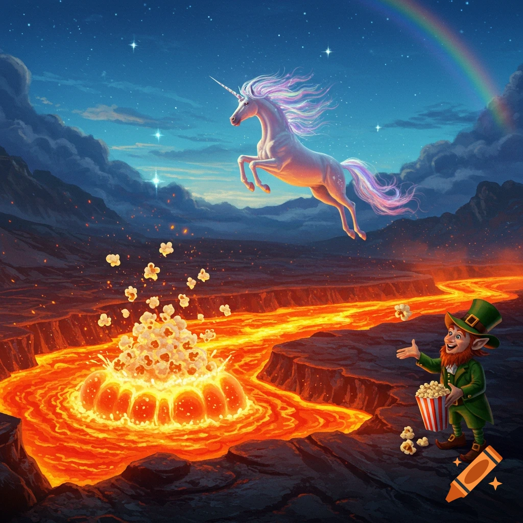 A vibrant fantasy illustration of a unicorn flying above a leprechaun throwing popcorn into a lava river, with a rainbow in the night sky.