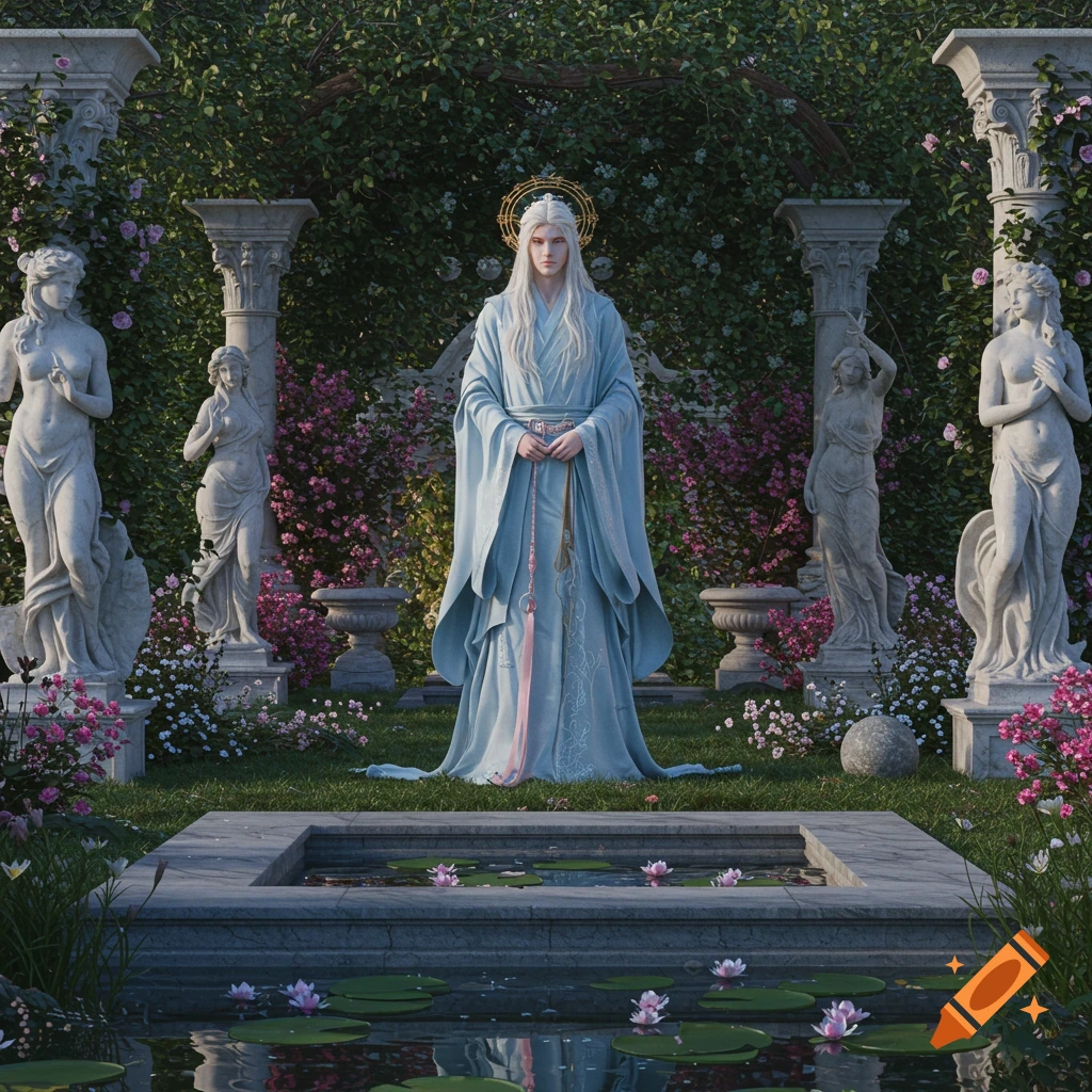 Ethereal white-haired figure in a blue robe stands in a classical garden with stone statues and a lily pond.