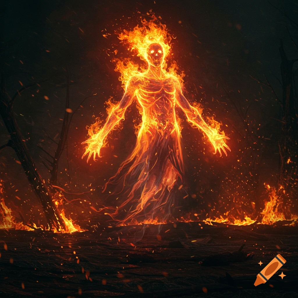 A glowing, skeletal fire spirit stands with outstretched arms in a dark, burning landscape, dark fantasy art.